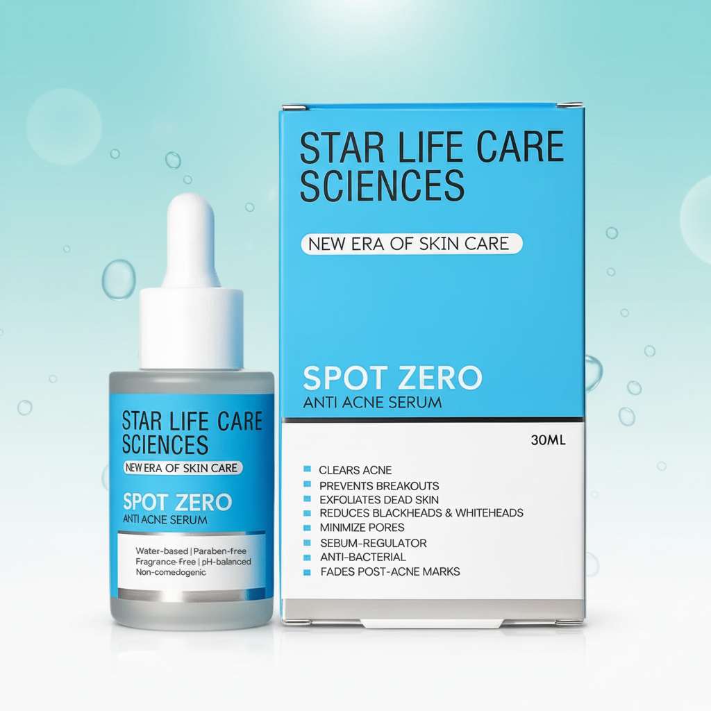 Spot Zero Anti Acne Serum by Star Life Care Sciences with Salicylic Acid, Azelaic Acid, and Niacinamide to help reduce acne, blemishes, and excess oil.
